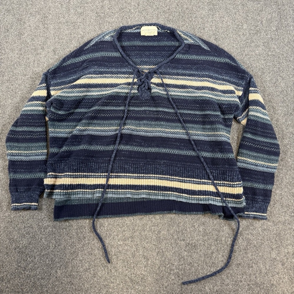 Denim & Supply Ralph Lauren Sweater Womens M Blue Striped Lace Up V Neck Boho